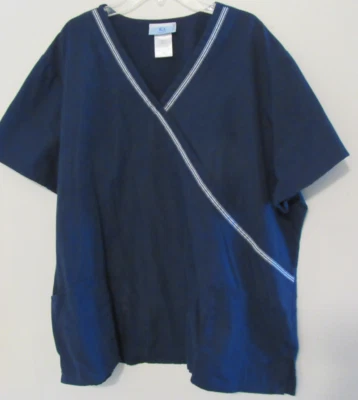 SB Scrubs Medical Top Nurse Vet Health Womens 2XL Blue Mock Wrap V-Neck Pockets - Image 1 of 4