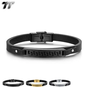 TT Black Leather 316L S.Steel Greek Key Bracelet Wristband (BR342) 2024 NEW - Picture 1 of 4