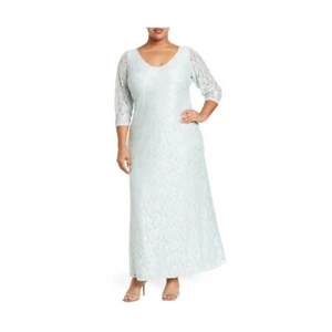 Marina Womens Mint Green Lace V Neck Elbow Sleeve Dress Gown Plus Sz 18W NWT - Picture 1 of 10