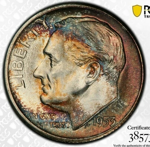 Toned PCGS MS66 1953 S Roosevelt Dime 10c PQ Blue Pink Gold Color Trueview Cover
