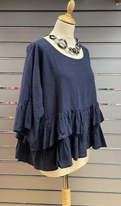 LAGENLOOK COTTON & LINEN MIX FRILL TOP (10-18) NAVY - Picture 1 of 4