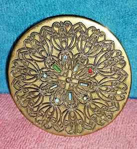 Estuche compacto vintage Art Deco dorado tono redondo en polvo, con espejo. - Imagen 1 de 3