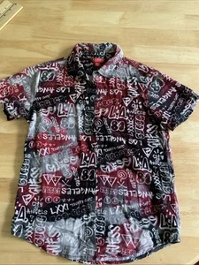 GUESS Boy’s Button Short Sleeve Shirt Size 10 Black/grey maroon Graffiti - Picture 1 of 6