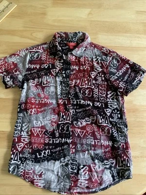 GUESS Boy’s Button Short Sleeve Shirt Size 10 Black/grey maroon Graffiti - Image 1 of 4
