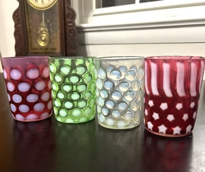 Vintage Fenton Opalescent Cranberry Coin Dot Glass Tumbler White Green Set - Picture 1 of 6