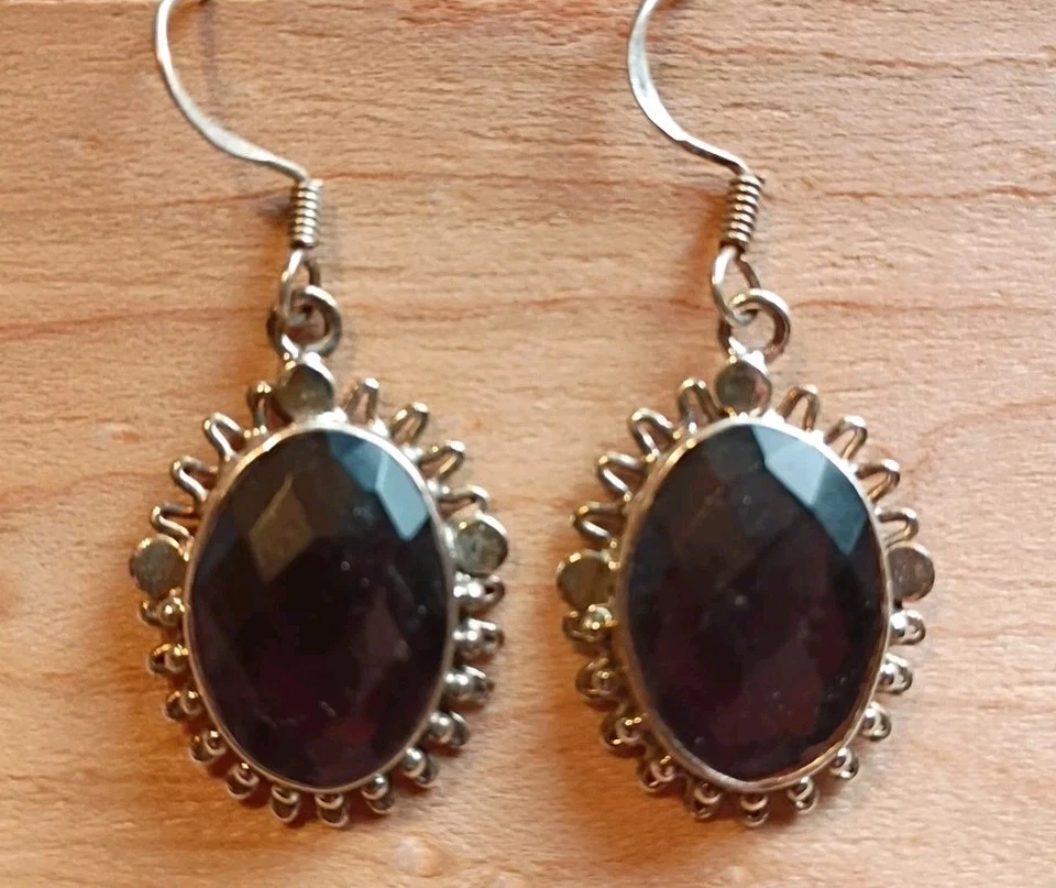 Dark Purple Black 925 Gemstone Pierced Earrings Vintage  - Image 1 of 4