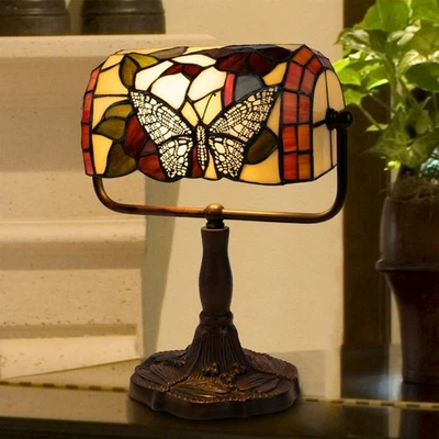 Tiffany Style Bankers Table Desk Lamp Stained Glass LED Bulb Lighted Artwork - Image 1 of 4
