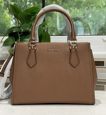 MICHAEL KORS MARILYN MEDIUM SATCHEL SHOULDER BAG MK LUGGAGE BROWN LEATHER GOLD - Image 1 of 4