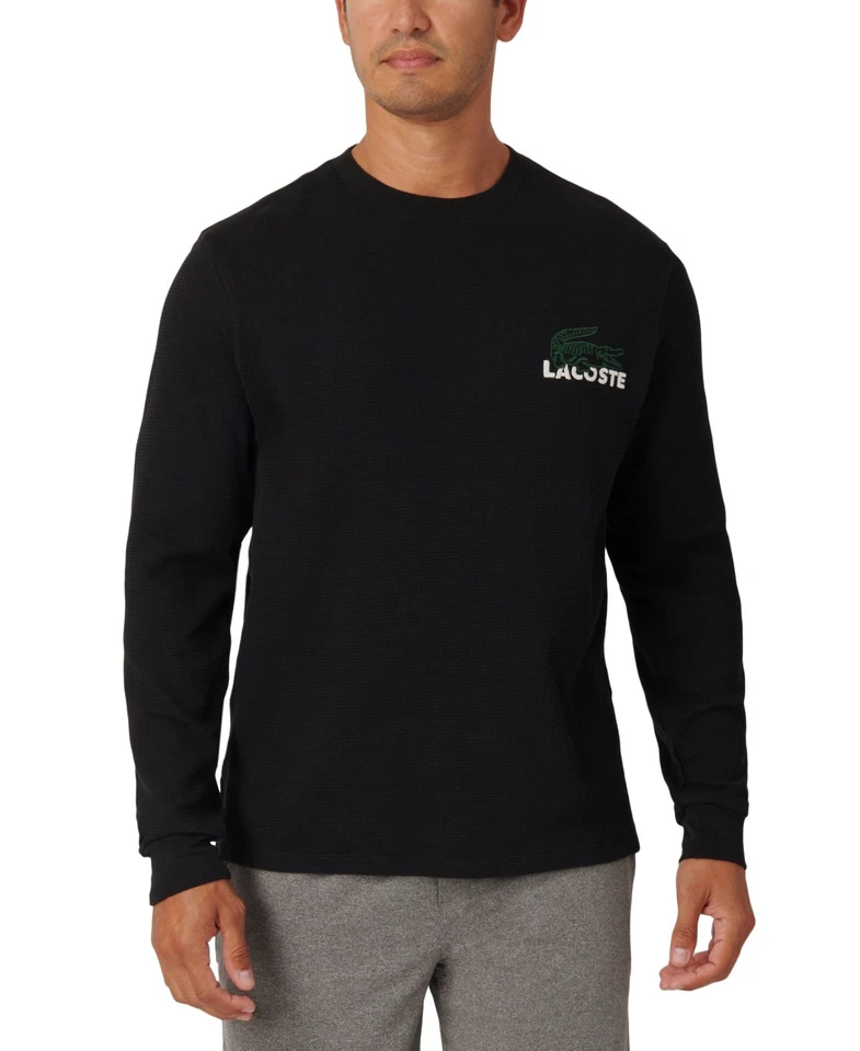 Lacoste Mens Large Croc Thermal Waffle Sleep Shirt in Black Size M