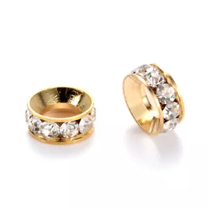 Anillo espaciadores sueltos de orificio grande 10 mm de aleación de tono dorado cuentas de metal estrás - Imagen 1 de 1