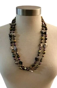 Hand Crafted Freshwater Pearl Necklace 52" Long Gold Plum Olive Striped - Picture 1 of 8