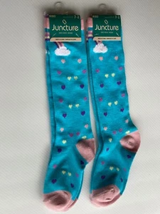 2 pairs Kids’ Knee High Socks size 7-2 Blue with Hearts & Rainbows - Picture 1 of 21