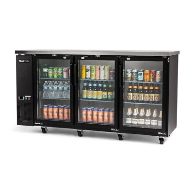 PEAKCOLD 72" Black Three Door Back Bar Cooler; Counter Height Glass Front Fridge