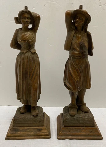 Pr 14" French Figures Antique Hand Carved Wood Furniture Column Salvage Complete Cover