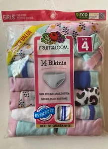 Fruit of the Loom Girls Sz 4 Underwear 14 Pack Cotton Bikini Multicolor Eversoft - Picture 1 of 6