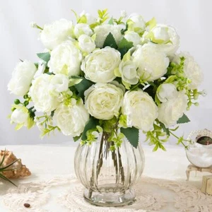 Artificial Peonies in Glass Vase Faux Flowers for Home Table Centerpiece White - Picture 1 of 8