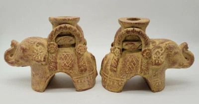 Set of 2 Vtg. Clay Terra Cotta Pottery Elephant Candle Holders -Pair 5 1/4" Tall - Image 1 of 4