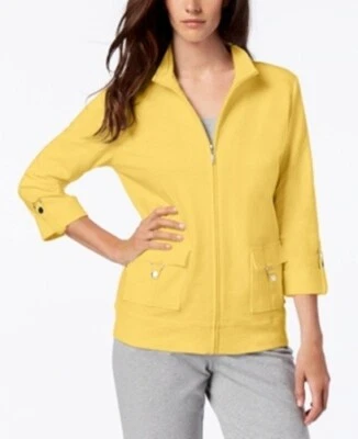 Chaqueta Karen Scott Manga 3/4 Algodón Anillo en D Cremallera Amarillo Buttercup, Grande #9284 Foto 1 de 4