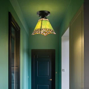 Vintage Semi Flush Mount Ceiling Light Baroque Style Colorful Glass Shade Light - Picture 1 of 10