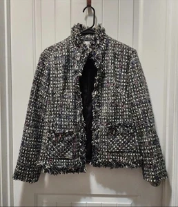 Chicos Tweed Blazer schwarz weiß vorne offen Fransen Jacke Gr. 1 Taschen gefüttert - Bild 1 von 8