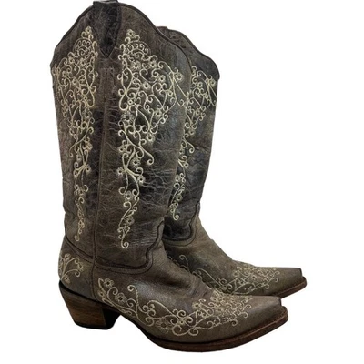Corral Wedding Big Floral Embroidered Snip Toe Boots Brown/Bone Size 9.5 - Image 1 of 4