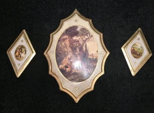 FLORENTINE ITALY Wood Gold GILT Set 3Plaque PICTURES Hollywood Regency Oblong - Picture 1 of 8