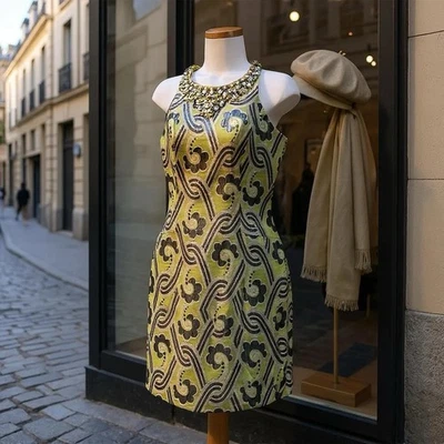 LILLY PULITZER BROCADE METALLIC GREEN BEADED HALTER SHIFT DRESS SZ 2 Party Prepp - Image 1 of 4