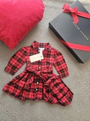 Ralph Lauren Red Plaid Long Sleeve Shirt Dress Bloomers Baby Girl Gift Set 3M - Image 1 of 4
