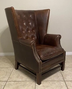 Excellent RESTORATION HARDWARE Fine Leather Wingback Chair w/ Studded Nailhead - Picture 1 of 14