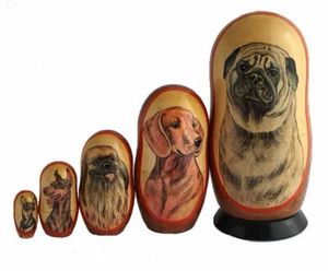 POUPÉES RUSSES EMBOÎTABLES -LES CHIENS A LA MAIN PEINTE PAR PROTOPOPOVA - Picture 1 of 1