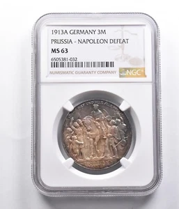 MS63 1913 A Germany 3 Mark Silver Prussia Napoleon Defeat NGC *4042 - Picture 1 of 3