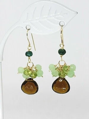 14k Yellow Gold Beer Quartz Briolette Sapphire Peridot Cluster Dangle Earrings - Image 1 of 4