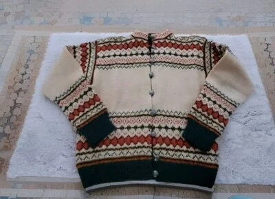 Cárdigan pesado de colección hecho a mano en Noruega estampado de lana nórdica, cierre de metal, L como nuevo Foto 1 de 4
