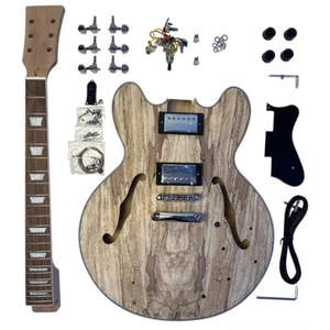 Kits de guitarra eléctrica hágalo usted mismo tapa de arce dividido cuerpo delgado semi-hueco sin terminar - Imagen 1 de 18