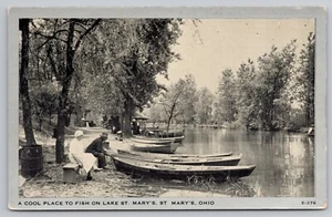 1930s St Marys OH "A Cool Place to Fish" Grand Lake (Silver Border) UNP Postcard - Picture 1 of 3
