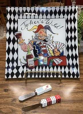 Mudpie Glass Serving Tray Tracy Flickinger Jokers Wild Harlequin Poker 12x12 - Image 1 of 4
