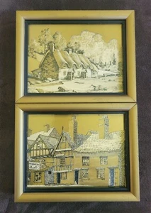 Vinatge 60's MCM Gold Foil Cottage Landscape Framed Prints Pictures Art Decor - Picture 1 of 16