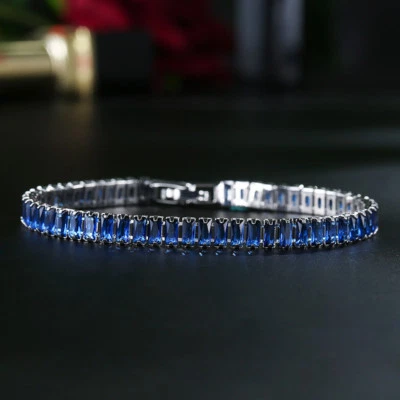 New Simple Luxury London Blue Topaz Gemstone Charm Silver Women Bracelets 7.4'' - Image 1 of 4