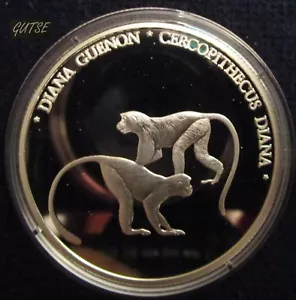 LIBERIA, 10 DÓLARES 2000, DOS MONOS GUENÓN DIANA, PLATA, PRUEBA. - Imagen 1 de 2
