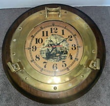 VINTAGE BRASS & WOOD NAUTICAL SHIP PORTHOLE WALL CLOCK FACE PAINTED BY STEWART