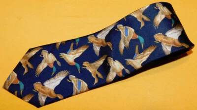 LANDS' END 美国制造 蓝色/棕色/黄色鸟 MOTIF 领带 - 设计师领带 — 第 1/3 张图片