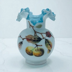Victorian Hand Bown White Milk Glass Vase Blue Ruffle Edge Hand Painted Fruit 5" - Picture 1 of 7