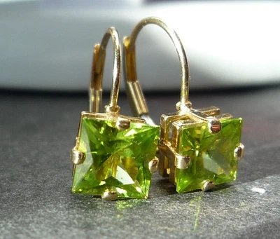 14k Gold Signed MEXICO "Domino Stamp" Lever Back Princess Cut Peridot Earrings - Image 1 of 4