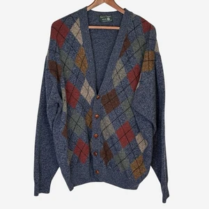 Vintage Kerry Classics Wool Cardigan Sweater Mens XL Blue Argyle Relaxed V-Neck - Picture 1 of 7
