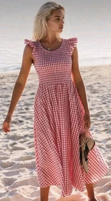 MISTER ZIMI Abbie Dress Gingham Shirred Flutter Sleeve 100% Cotton Sz 10 EUC - image 1 of 4