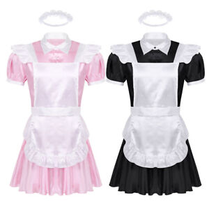 Men Frilly Satin Crossdress French Maid Lingerie Dresses Cosplay Costumes Sissy