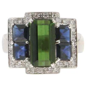 Green Tourmaline & Blue Sapphire With CZ 4.50 CT Women's Beautiful Cocktail Ring - Picture 1 of 10