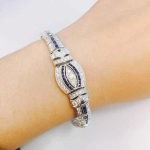 7.24TCW Blue Sapphire With Vivid White Zircon Art Deco Style Engagement Bracelet - Picture 1 of 7