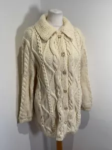 VTG chunky knit cardigan jumper M L VGC hand knit cable collar wool aran arran - Picture 1 of 8