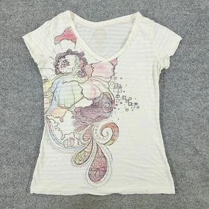 Hang Ten Shirt Girl's XL Off White Graphic Tee V-Neck Short Sleeve Top Striped - Picture 1 of 16